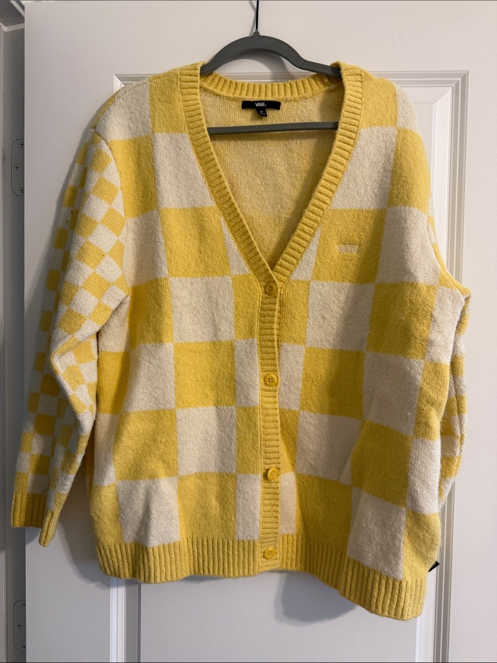 Vans Yellow & Cream Checkerboard Racing Flag Button Cardigan Sweater
